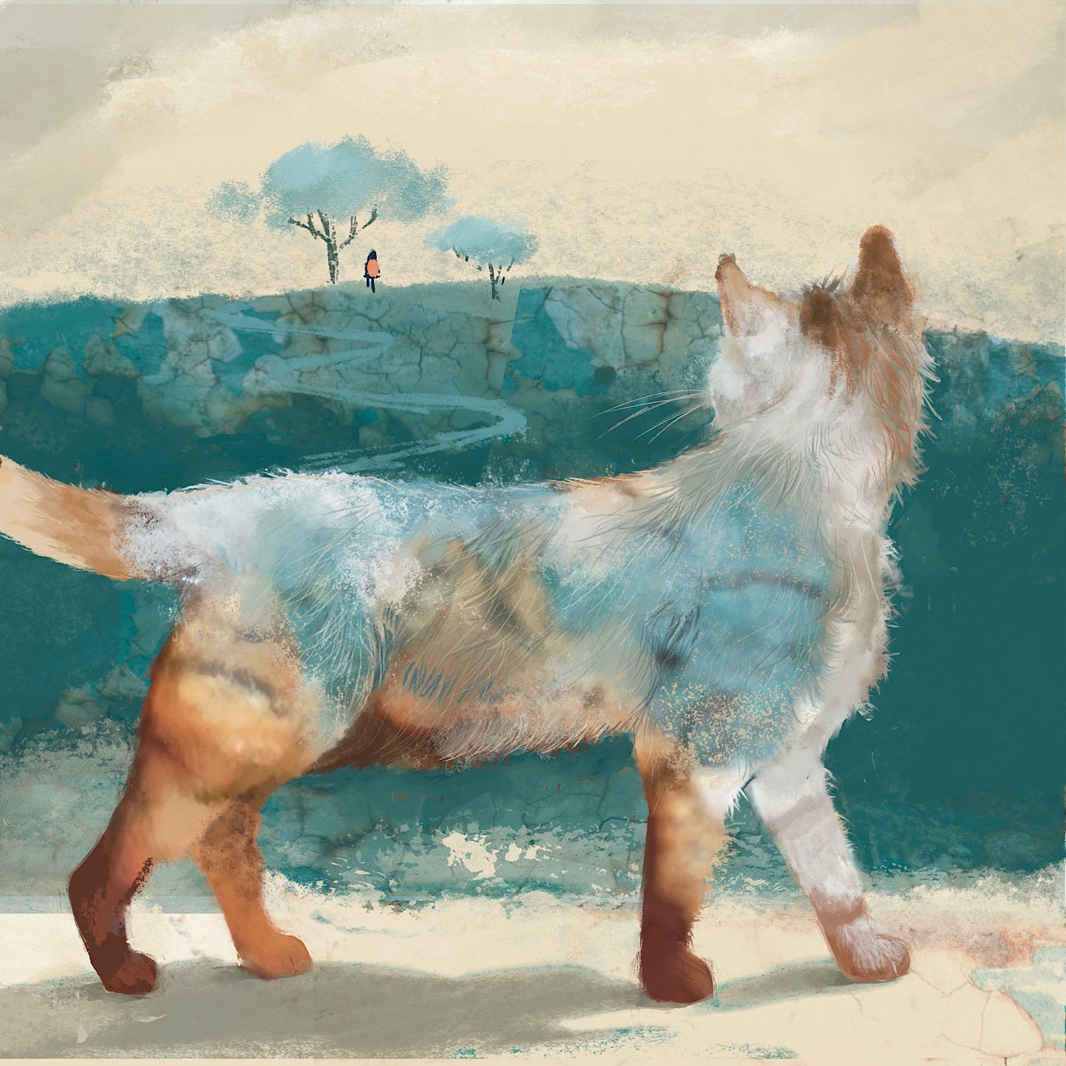 Cat looking up at tiny figure on hillside