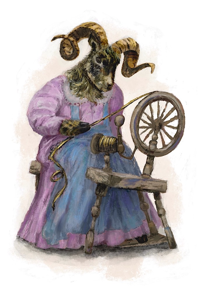 Large horned sheep spins gold thread at a spinning wheel