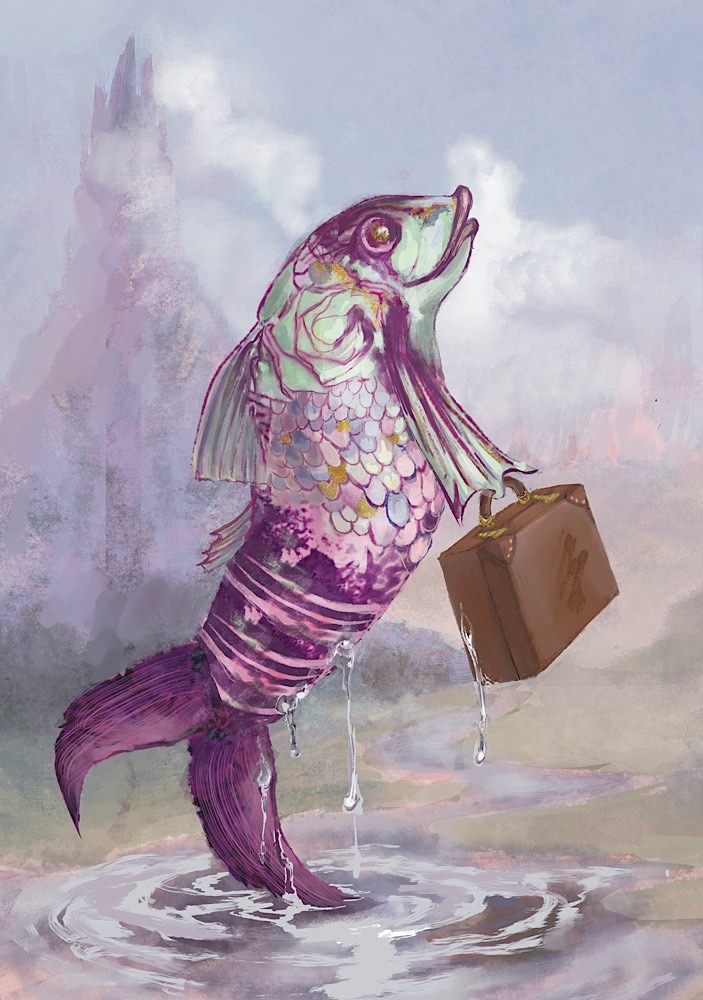 Fish strolling through puddle carrying a briefcase
