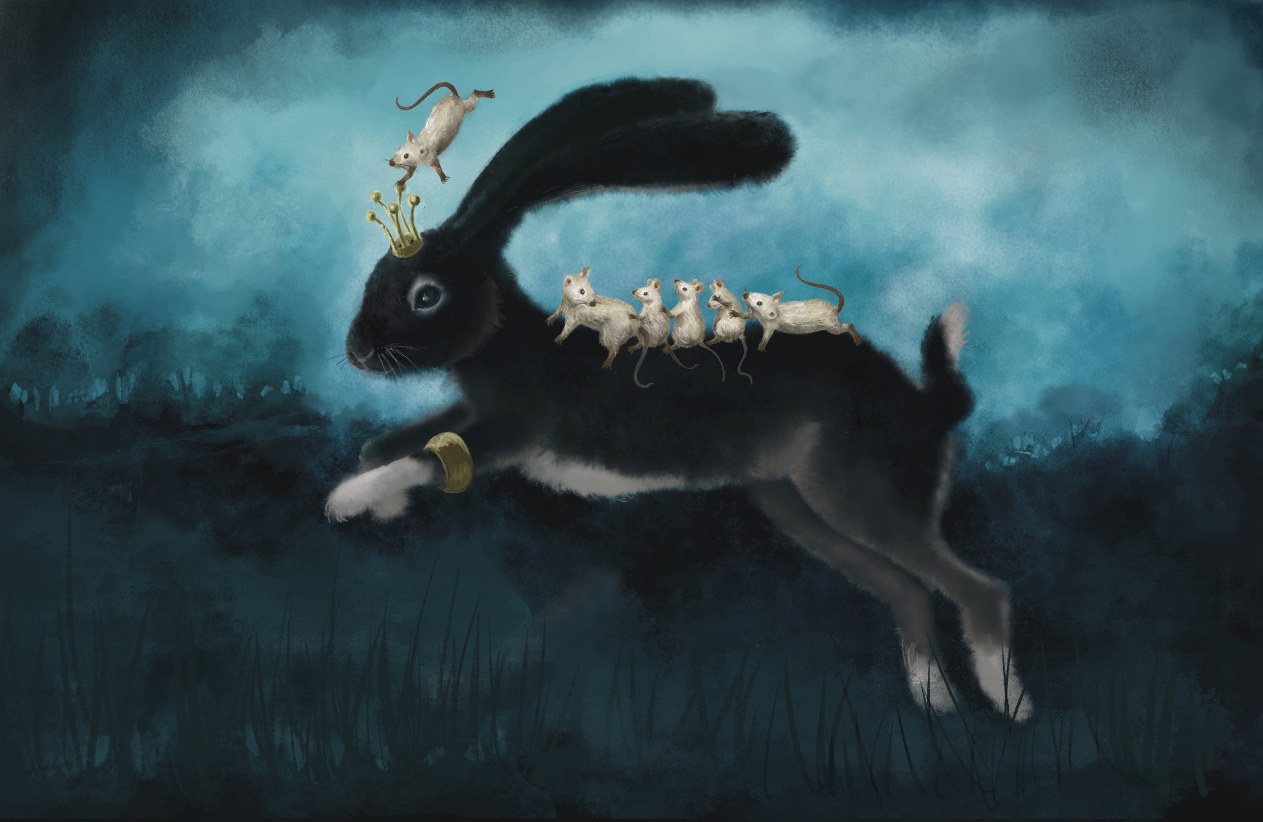 Royal rabbit with a line of small mice on her back