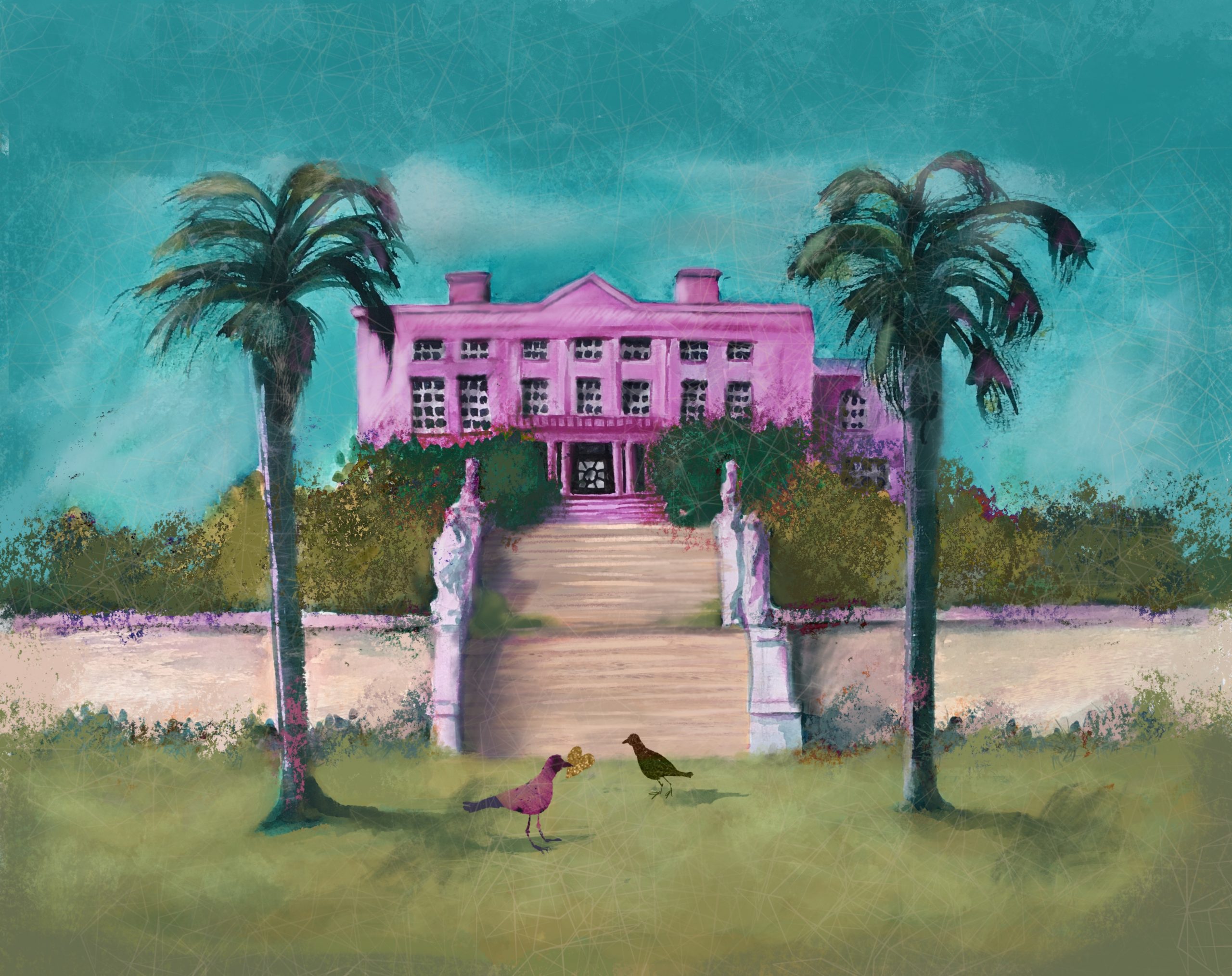 Two birds in the garden of a  stately home