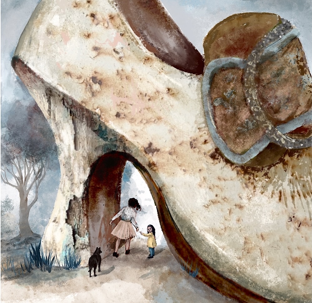 Two sisters and their dog walk under a giant shoe in a magical forest
