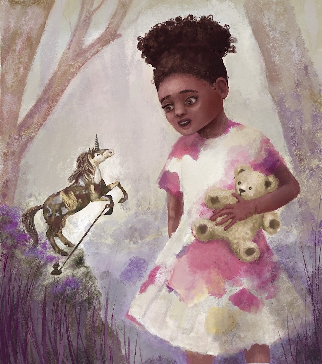 Little girl finds a tethered unicorn