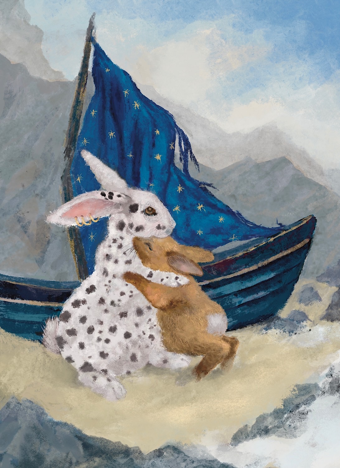 Two shipwrecked rabbits hugging