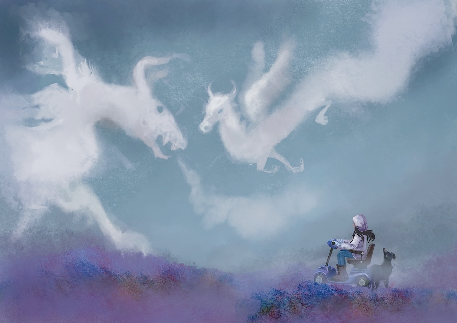 Woman on mobility scooter, with her dog watching dragon shaped clouds