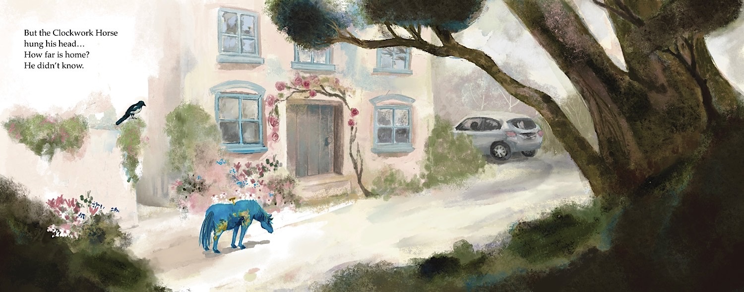 Clockwork horse standing alone outside country cottage