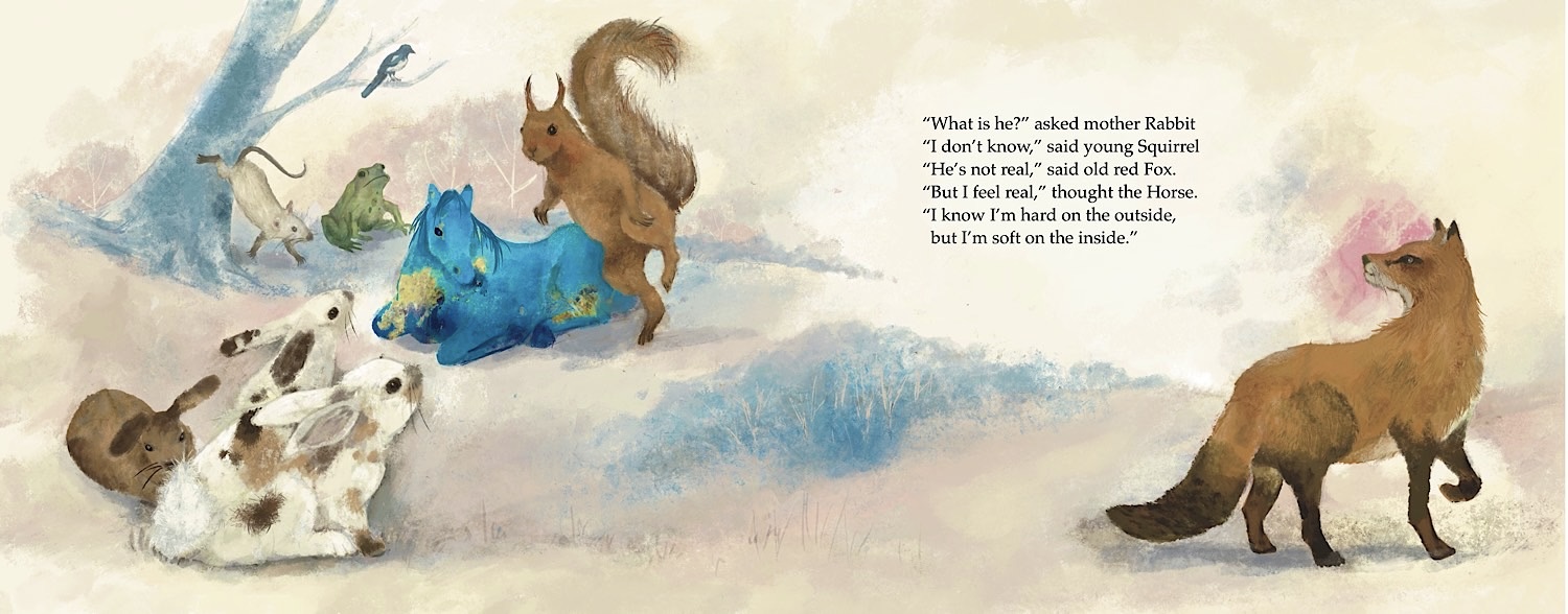 Rabbits, mouse, frog, magpie, squirrel and fox with the little blue clockwork horse by Ruth Arnold