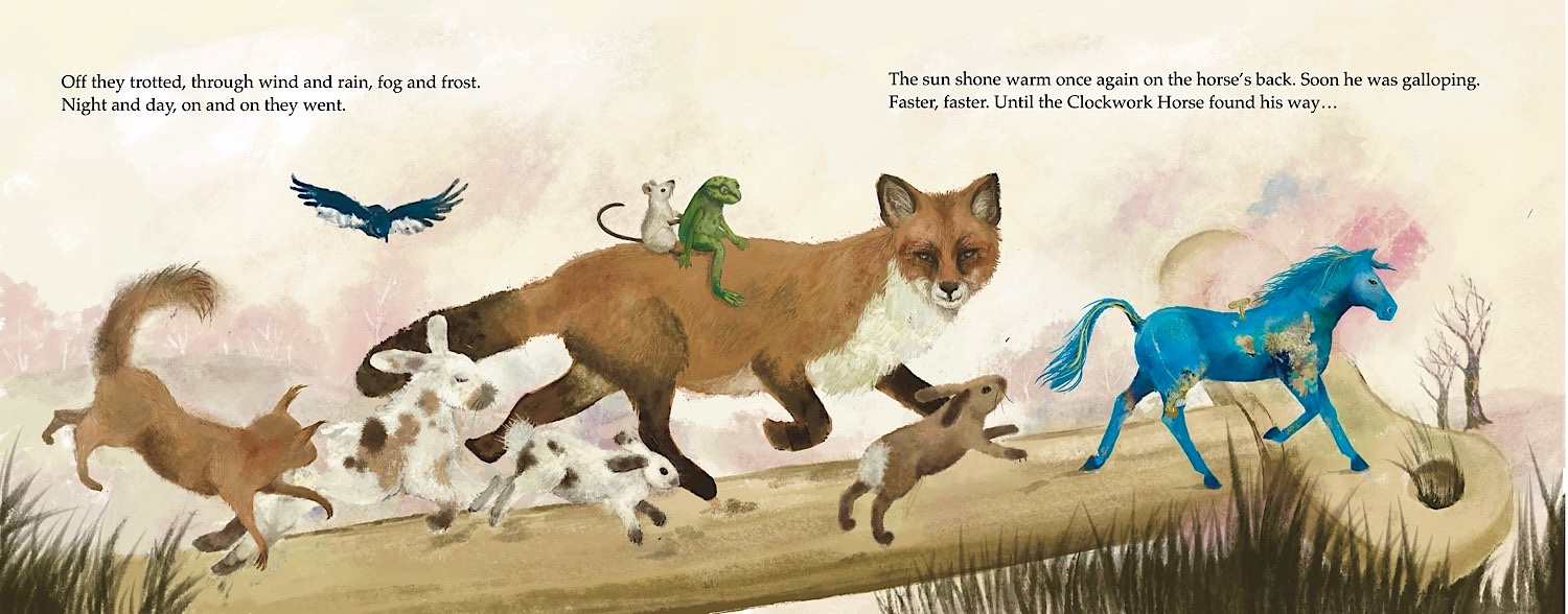 Woodland animals with clockwork horse by Ruth Arnold
