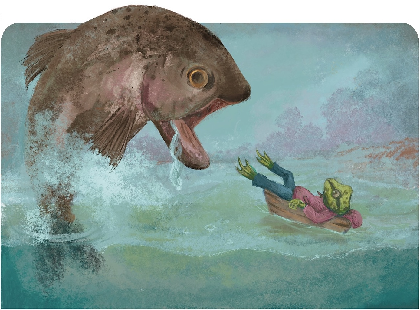 fish leaping out of the water towards little frog in a boat